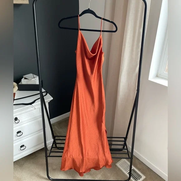 Trendyol side slip midi cowl neck satin dress in cinnamon womens size small - Picture 2 of 5